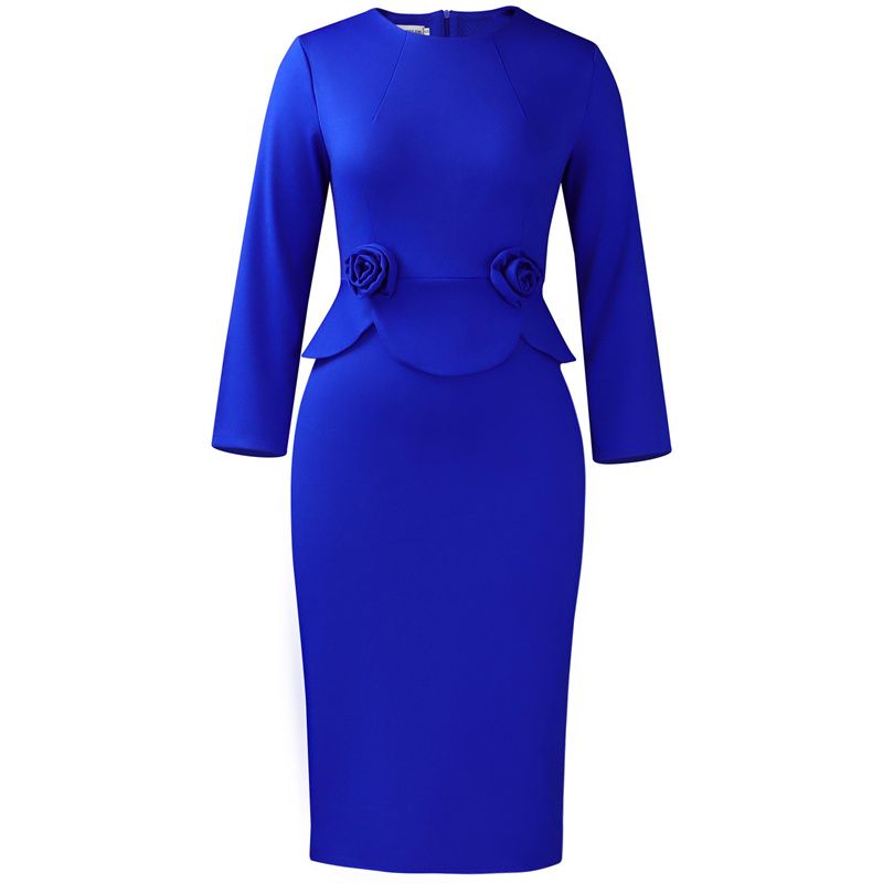 2025 Fall/Winter New Women's Elegant Solid Color Dress Round Neck Long Sleeve Slim-Fit Midi Pencil Skirt Peplum Waist with 3D Flower Embellishments Fashion Dress for Business Casual Daily Wear