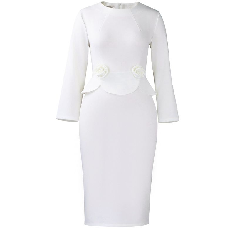 2025 Fall/Winter New Women's Elegant Solid Color Dress Round Neck Long Sleeve Slim-Fit Midi Pencil Skirt Peplum Waist with 3D Flower Embellishments Fashion Dress for Business Casual Daily Wear