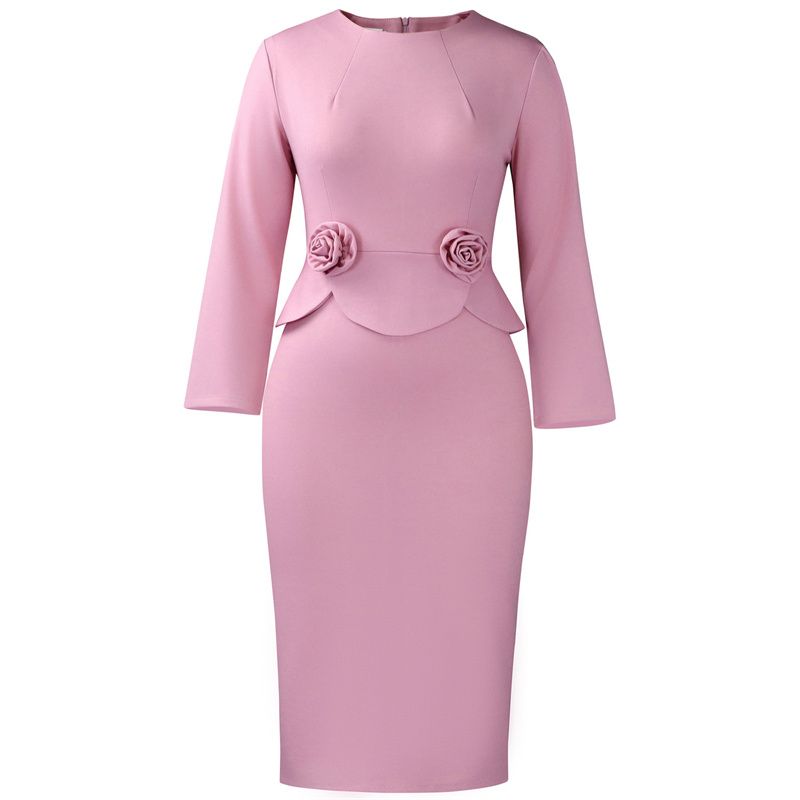 2025 Fall/Winter New Women's Elegant Solid Color Dress Round Neck Long Sleeve Slim-Fit Midi Pencil Skirt Peplum Waist with 3D Flower Embellishments Fashion Dress for Business Casual Daily Wear