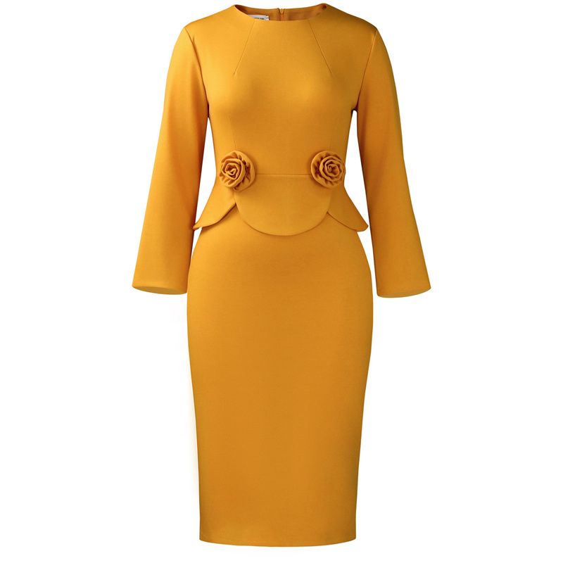 2025 Fall/Winter New Women's Elegant Solid Color Dress Round Neck Long Sleeve Slim-Fit Midi Pencil Skirt Peplum Waist with 3D Flower Embellishments Fashion Dress for Business Casual Daily Wear
