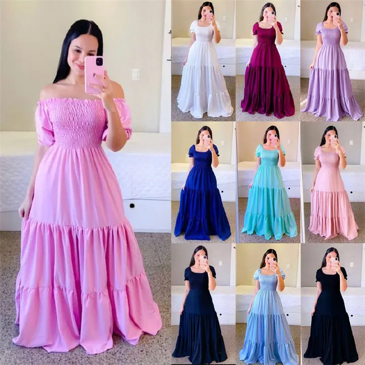 Euro-American Bestselling Women's Off-the-Shoulder Short Sleeve Maxi Dress Solid Color Tiered Ruffle Flowy Fairycore Dress Multi-Color Options for African Women Daily Casual Party Wear