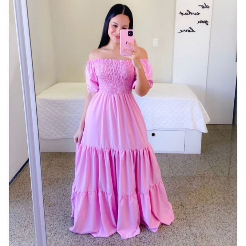 Euro-American Bestselling Women's Off-the-Shoulder Short Sleeve Maxi Dress Solid Color Tiered Ruffle Flowy Fairycore Dress Multi-Color Options for African Women Daily Casual Party Wear