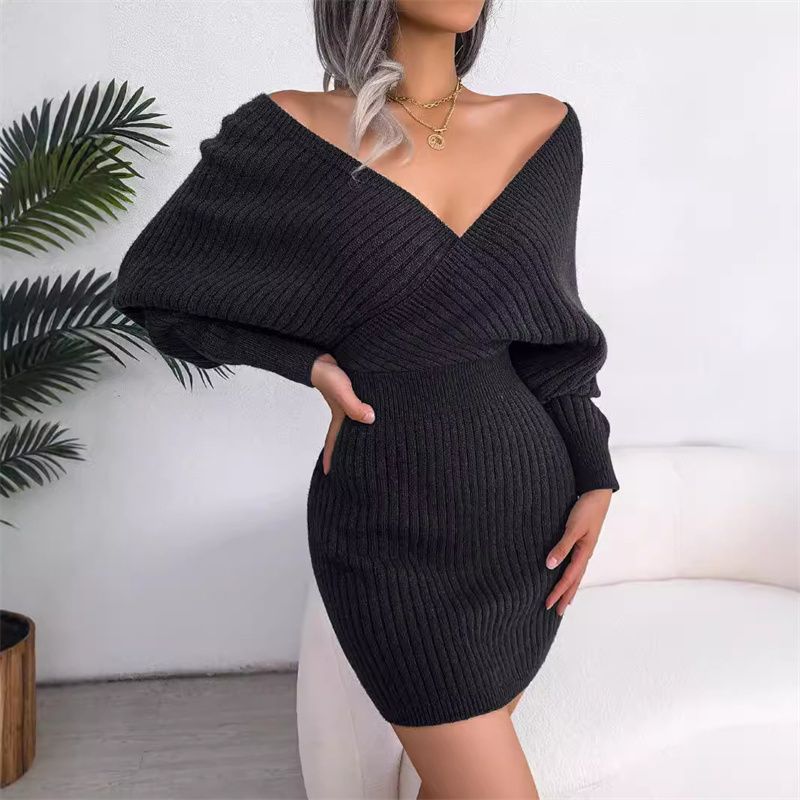 New Autumn Winter Fashion Women's Ribbed Knit Dress Cross Wrap V-Neck Batwing Sleeve Bodycon Mini Skirt Alluring Silhouette Multi-Color Options Daily Casual Party Wear for African Women