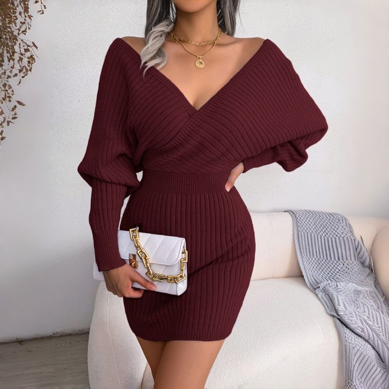 New Autumn Winter Fashion Women's Ribbed Knit Dress Cross Wrap V-Neck Batwing Sleeve Bodycon Mini Skirt Alluring Silhouette Multi-Color Options Daily Casual Party Wear for African Women