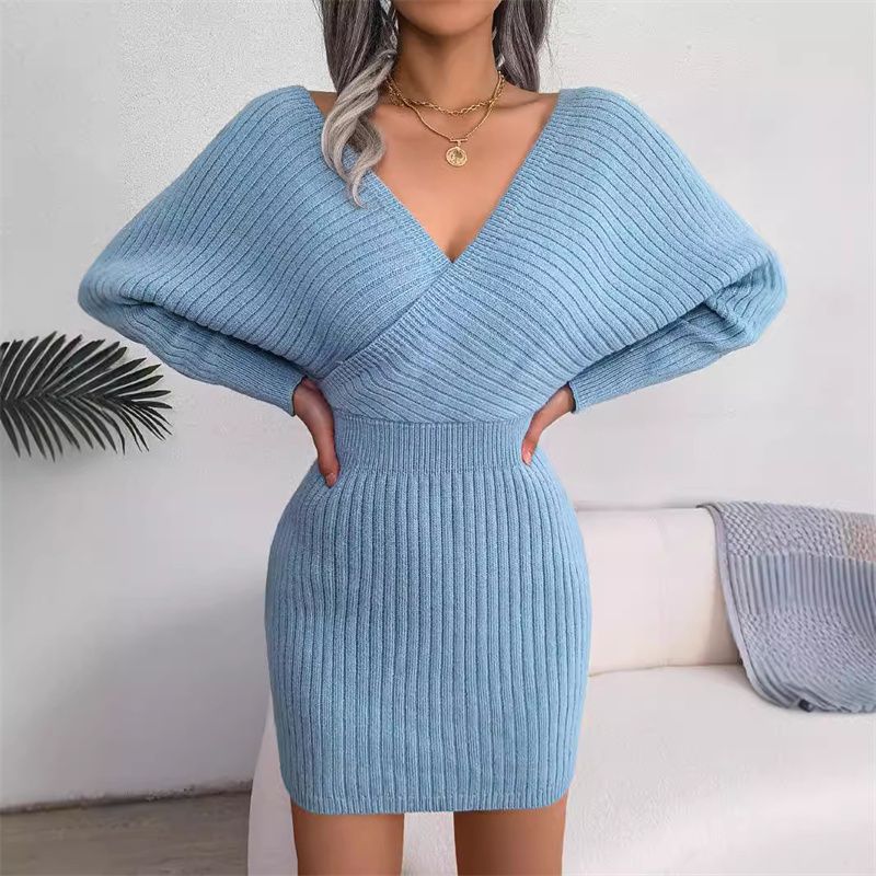 New Autumn Winter Fashion Women's Ribbed Knit Dress Cross Wrap V-Neck Batwing Sleeve Bodycon Mini Skirt Alluring Silhouette Multi-Color Options Daily Casual Party Wear for African Women