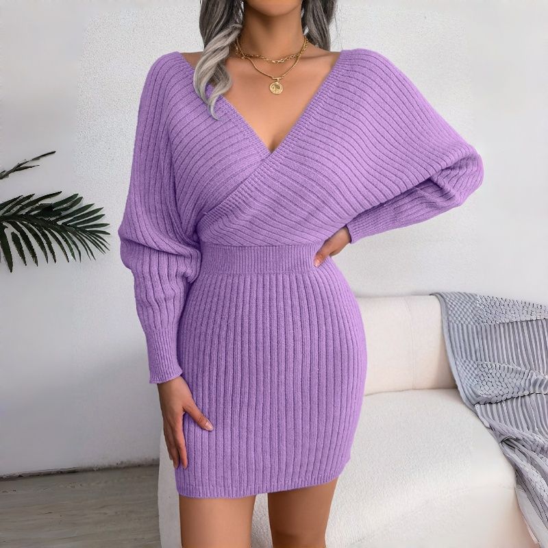 New Autumn Winter Fashion Women's Ribbed Knit Dress Cross Wrap V-Neck Batwing Sleeve Bodycon Mini Skirt Alluring Silhouette Multi-Color Options Daily Casual Party Wear for African Women