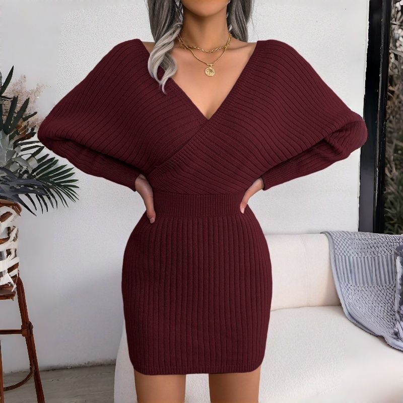 New Autumn Winter Fashion Women's Ribbed Knit Dress Cross Wrap V-Neck Batwing Sleeve Bodycon Mini Skirt Alluring Silhouette Multi-Color Options Daily Casual Party Wear for African Women