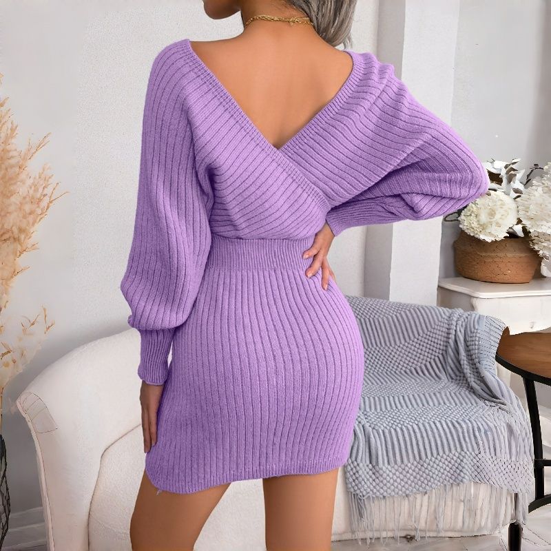 New Autumn Winter Fashion Women's Ribbed Knit Dress Cross Wrap V-Neck Batwing Sleeve Bodycon Mini Skirt Alluring Silhouette Multi-Color Options Daily Casual Party Wear for African Women