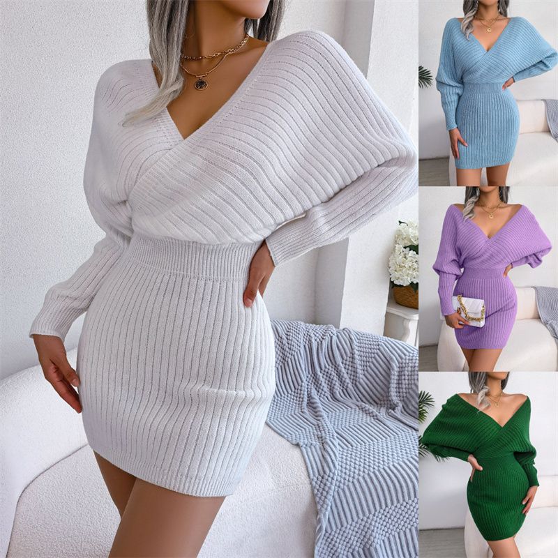 New Autumn Winter Fashion Women's Ribbed Knit Dress Cross Wrap V-Neck Batwing Sleeve Bodycon Mini Skirt Alluring Silhouette Multi-Color Options Daily Casual Party Wear for African Women