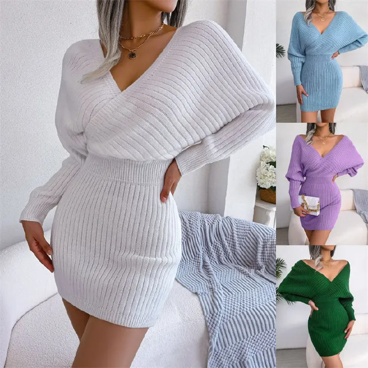 New Autumn Winter Fashion Women's Ribbed Knit Dress Cross Wrap V-Neck Batwing Sleeve Bodycon Mini Skirt Alluring Silhouette Multi-Color Options Daily Casual Party Wear for African Women