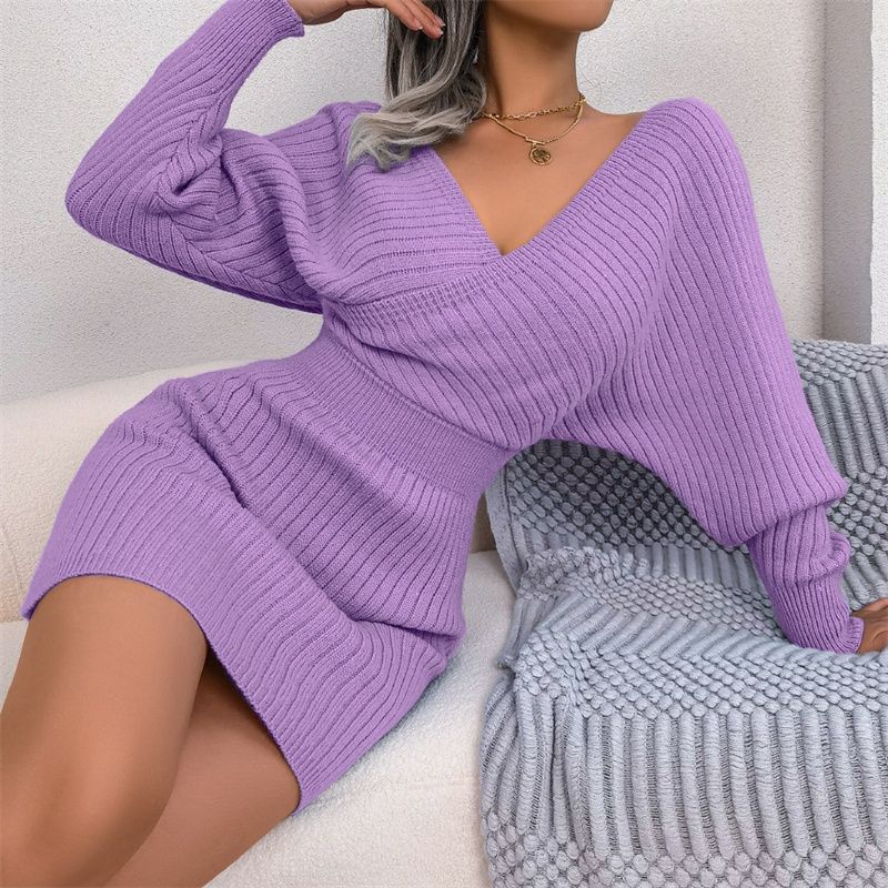 New Autumn Winter Fashion Women's Ribbed Knit Dress Cross Wrap V-Neck Batwing Sleeve Bodycon Mini Skirt Alluring Silhouette Multi-Color Options Daily Casual Party Wear for African Women