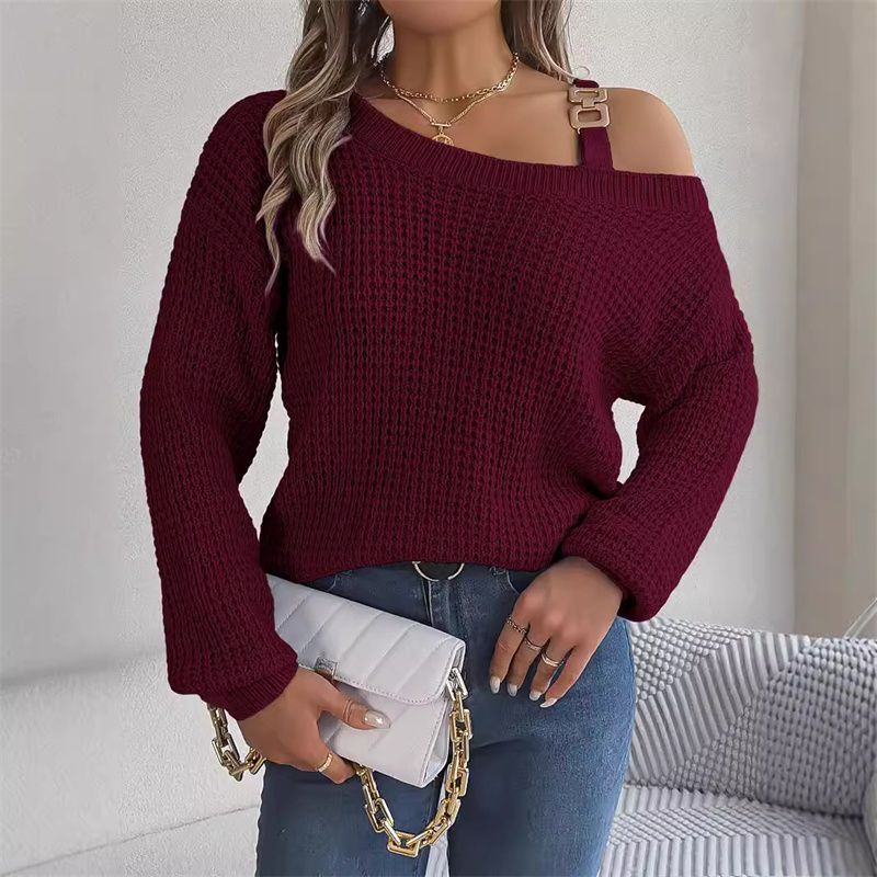 Autumn Winter New Arrival Fashion Women's Top Casual Metal Buckle Patchwork Cold Shoulder Lantern Sleeve Pullover Sweater Comfortable Loose-Fit Knit Sweater for Daily Casual Outfits