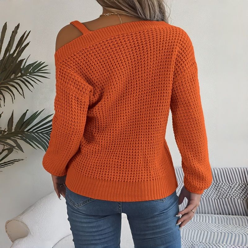 Autumn Winter New Arrival Fashion Women's Top Casual Metal Buckle Patchwork Cold Shoulder Lantern Sleeve Pullover Sweater Comfortable Loose-Fit Knit Sweater for Daily Casual Outfits