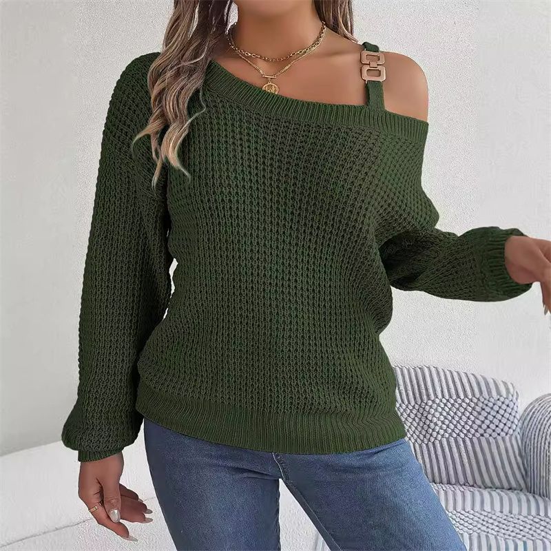 Autumn Winter New Arrival Fashion Women's Top Casual Metal Buckle Patchwork Cold Shoulder Lantern Sleeve Pullover Sweater Comfortable Loose-Fit Knit Sweater for Daily Casual Outfits