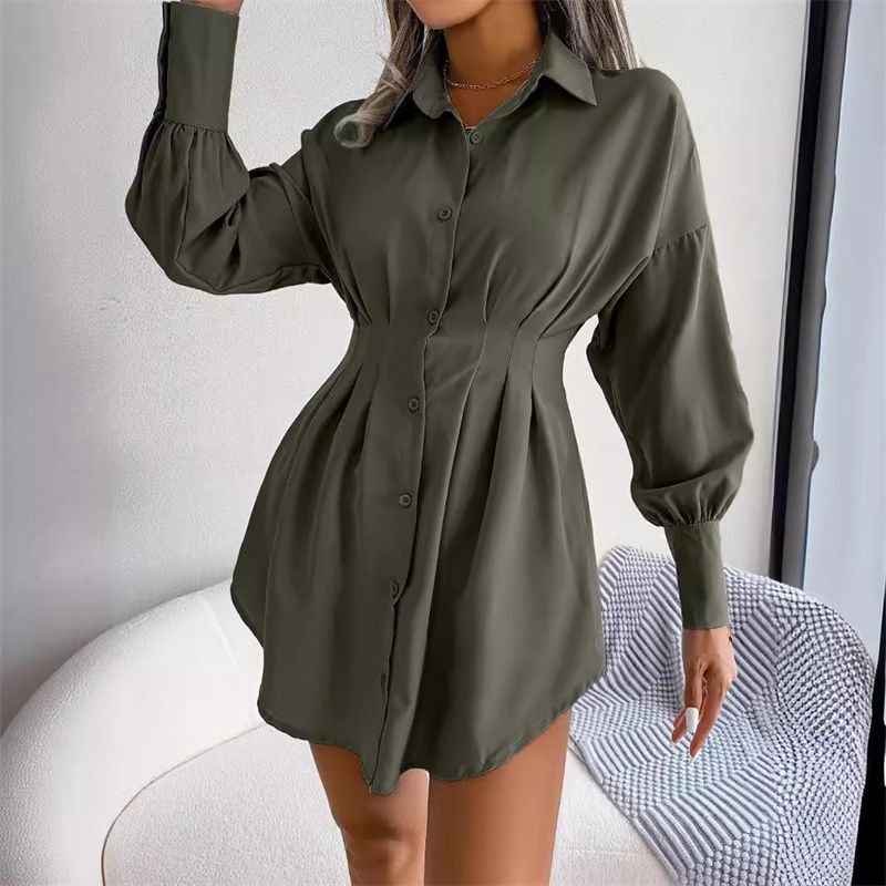 New Arrival Women's Ins-Trendy Shirt Dress Lantern Sleeves Ruched Waist Asymmetrical Hem Lightweight Fabric Multi-Color Options Business Casual Versatile Occasion Wear Stylish Button-Front Tunic Dress