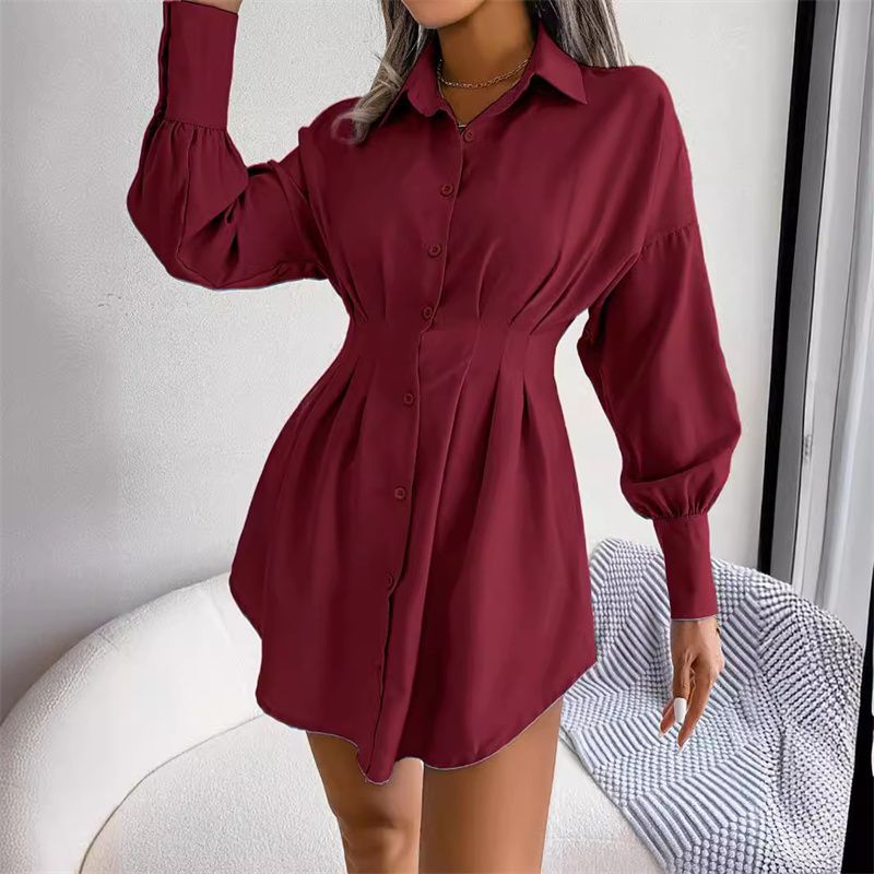 New Arrival Women's Ins-Trendy Shirt Dress Lantern Sleeves Ruched Waist Asymmetrical Hem Lightweight Fabric Multi-Color Options Business Casual Versatile Occasion Wear Stylish Button-Front Tunic Dress