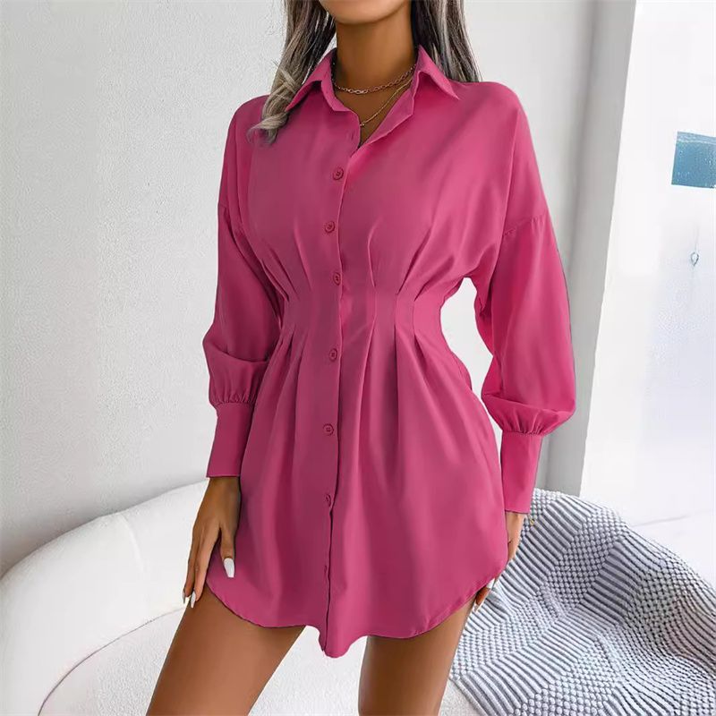 New Arrival Women's Ins-Trendy Shirt Dress Lantern Sleeves Ruched Waist Asymmetrical Hem Lightweight Fabric Multi-Color Options Business Casual Versatile Occasion Wear Stylish Button-Front Tunic Dress