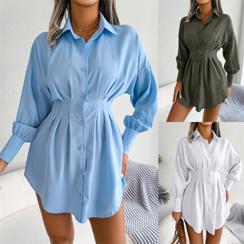New Arrival Women's Ins-Trendy Shirt Dress Lantern Sleeves Ruched Waist Asymmetrical Hem Lightweight Fabric Multi-Color Options Business Casual Versatile Occasion Wear Stylish Button-Front Tunic Dress