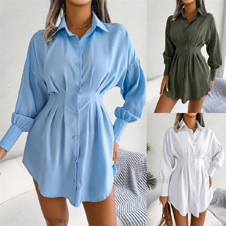 New Arrival Women's Ins-Trendy Shirt Dress Lantern Sleeves Ruched Waist Asymmetrical Hem Lightweight Fabric Multi-Color Options Business Casual Versatile Occasion Wear Stylish Button-Front Tunic Dress