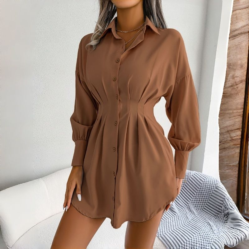 New Arrival Women's Ins-Trendy Shirt Dress Lantern Sleeves Ruched Waist Asymmetrical Hem Lightweight Fabric Multi-Color Options Business Casual Versatile Occasion Wear Stylish Button-Front Tunic Dress