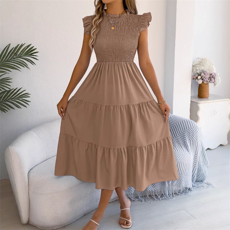 2026 New Arrival Women's Euro-American Style Solid Color Smocked Waist Midi Dress Ruffle Cap Sleeves Tiered Skirt Breathable Daily Party Vacation Fashion Dress
