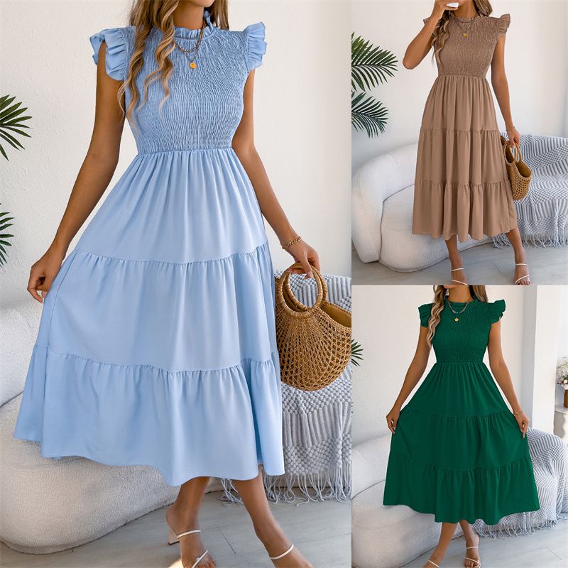 2026 New Arrival Women's Euro-American Style Solid Color Smocked Waist Midi Dress Ruffle Cap Sleeves Tiered Skirt Breathable Daily Party Vacation Fashion Dress