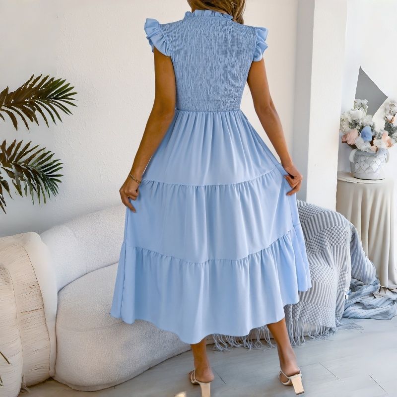 2026 New Arrival Women's Euro-American Style Solid Color Smocked Waist Midi Dress Ruffle Cap Sleeves Tiered Skirt Breathable Daily Party Vacation Fashion Dress