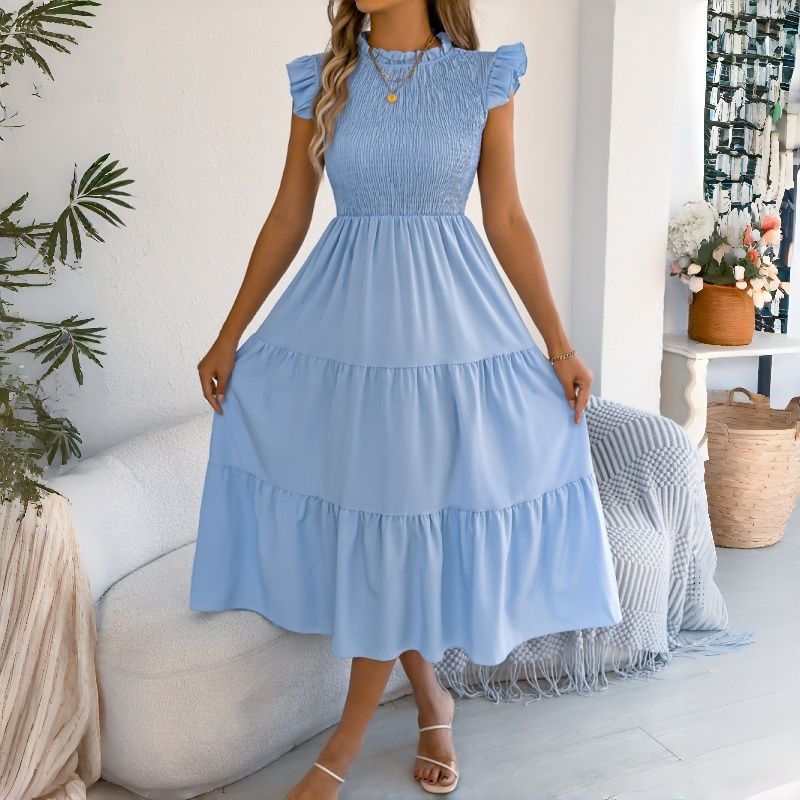 2026 New Arrival Women's Euro-American Style Solid Color Smocked Waist Midi Dress Ruffle Cap Sleeves Tiered Skirt Breathable Daily Party Vacation Fashion Dress