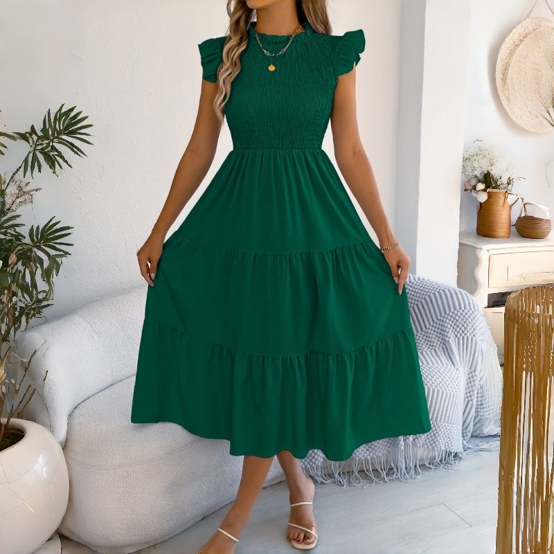 2026 New Arrival Women's Euro-American Style Solid Color Smocked Waist Midi Dress Ruffle Cap Sleeves Tiered Skirt Breathable Daily Party Vacation Fashion Dress