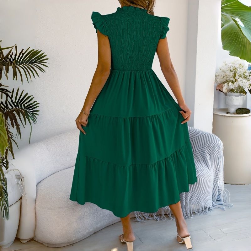 2026 New Arrival Women's Euro-American Style Solid Color Smocked Waist Midi Dress Ruffle Cap Sleeves Tiered Skirt Breathable Daily Party Vacation Fashion Dress