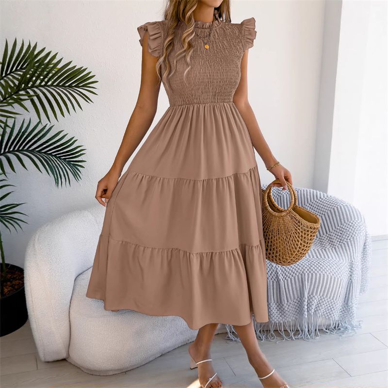 2026 New Arrival Women's Euro-American Style Solid Color Smocked Waist Midi Dress Ruffle Cap Sleeves Tiered Skirt Breathable Daily Party Vacation Fashion Dress