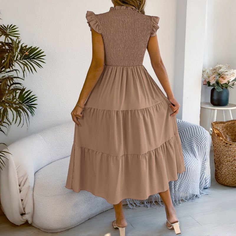 2026 New Arrival Women's Euro-American Style Solid Color Smocked Waist Midi Dress Ruffle Cap Sleeves Tiered Skirt Breathable Daily Party Vacation Fashion Dress