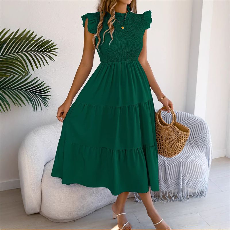 2026 New Arrival Women's Euro-American Style Solid Color Smocked Waist Midi Dress Ruffle Cap Sleeves Tiered Skirt Breathable Daily Party Vacation Fashion Dress