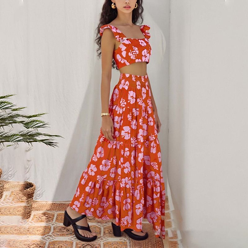 2026 New Arrival Trendy Women's Two-Piece Set Ruffle Trim Crop Top & Smocked Waist Tiered Maxi Skirt Print & Solid Color Options Spring Casual Party Evening Outfit