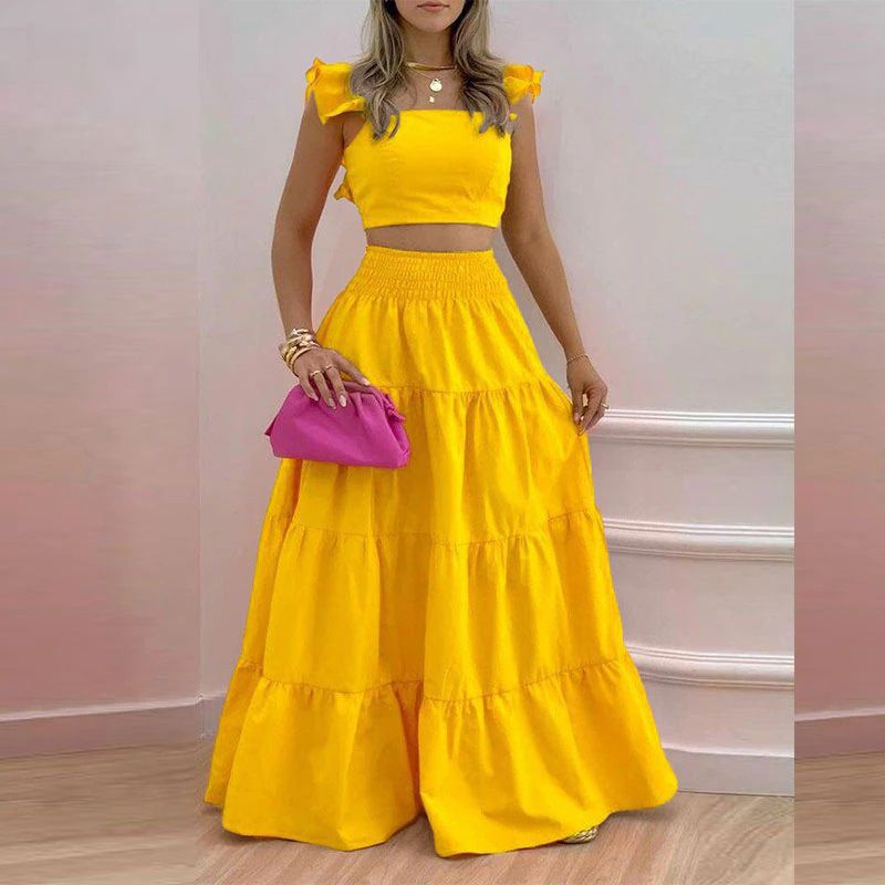 2026 New Arrival Trendy Women's Two-Piece Set Ruffle Trim Crop Top & Smocked Waist Tiered Maxi Skirt Print & Solid Color Options Spring Casual Party Evening Outfit
