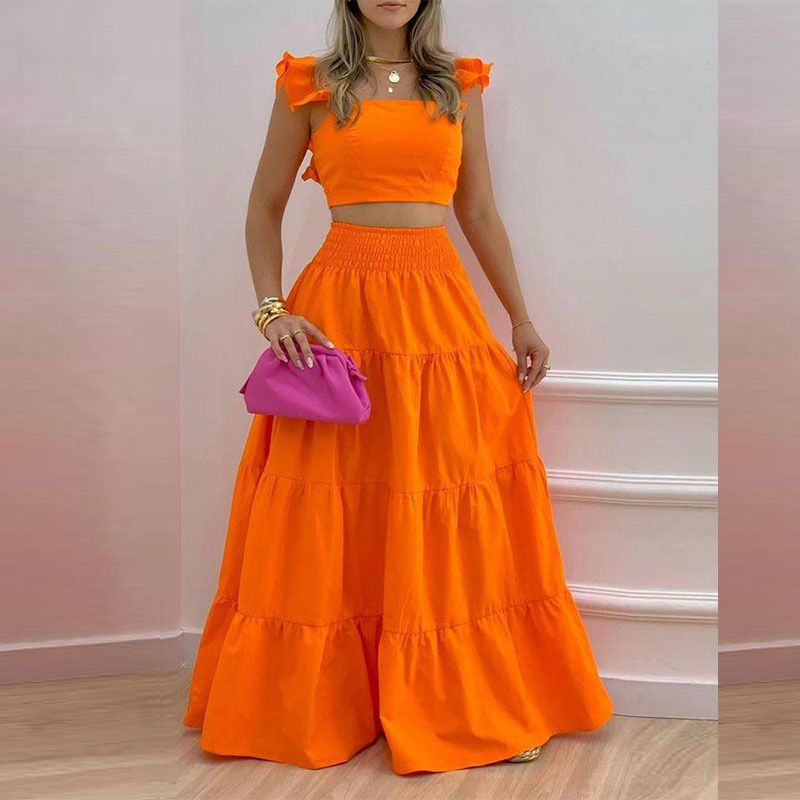 2026 New Arrival Trendy Women's Two-Piece Set Ruffle Trim Crop Top & Smocked Waist Tiered Maxi Skirt Print & Solid Color Options Spring Casual Party Evening Outfit