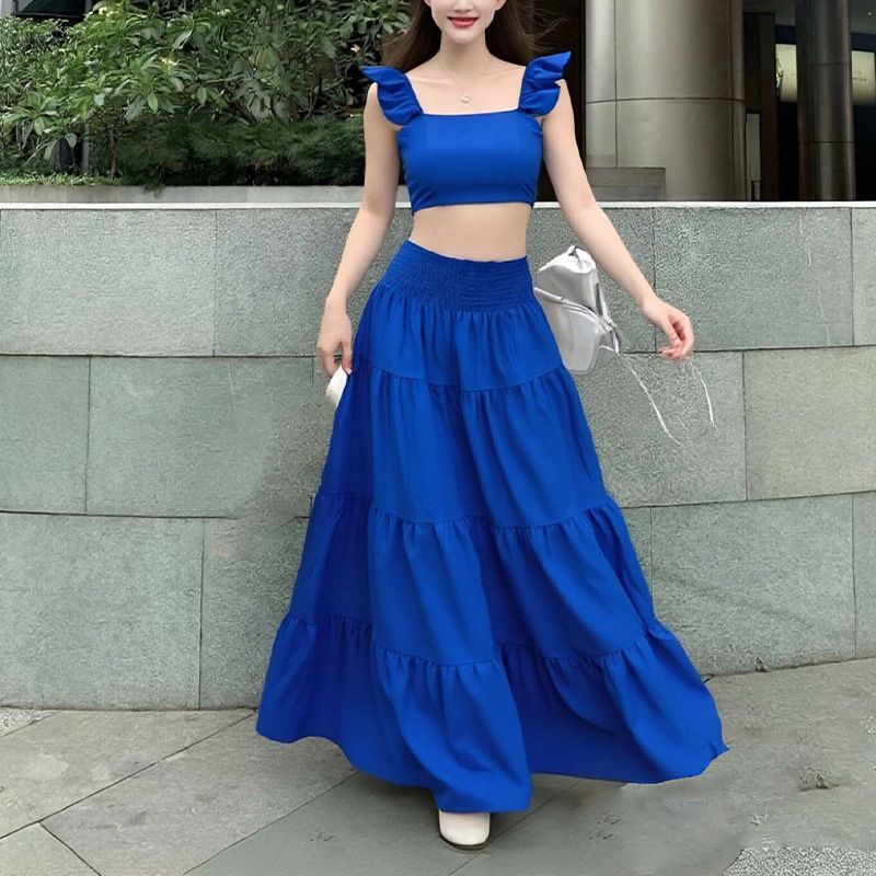 2026 New Arrival Trendy Women's Two-Piece Set Ruffle Trim Crop Top & Smocked Waist Tiered Maxi Skirt Print & Solid Color Options Spring Casual Party Evening Outfit