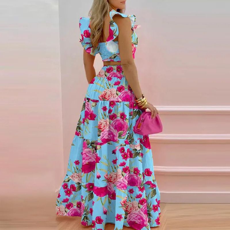 2026 New Arrival Trendy Women's Two-Piece Set Ruffle Trim Crop Top & Smocked Waist Tiered Maxi Skirt Print & Solid Color Options Spring Casual Party Evening Outfit
