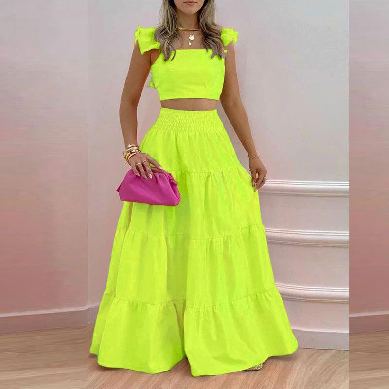 2026 New Arrival Trendy Women's Two-Piece Set Ruffle Trim Crop Top & Smocked Waist Tiered Maxi Skirt Print & Solid Color Options Spring Casual Party Evening Outfit