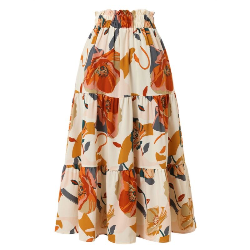 2026 New Arrival Women's Floral Print Tiered Maxi Skirt Elastic Waist A-Line Flowy Ruffle Hem Multi-Color Options Spring Summer Casual Party Daily Fashion Skirt