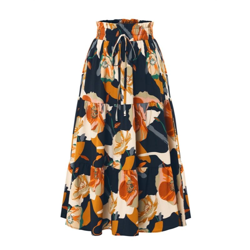 2026 New Arrival Women's Floral Print Tiered Maxi Skirt Elastic Waist A-Line Flowy Ruffle Hem Multi-Color Options Spring Summer Casual Party Daily Fashion Skirt