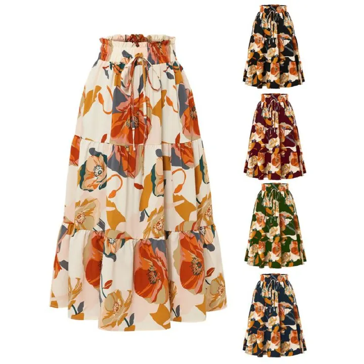 2026 New Arrival Women's Floral Print Tiered Maxi Skirt Elastic Waist A-Line Flowy Ruffle Hem Multi-Color Options Spring Summer Casual Party Daily Fashion Skirt
