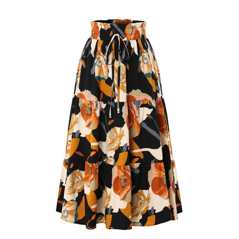 2026 New Arrival Women's Floral Print Tiered Maxi Skirt Elastic Waist A-Line Flowy Ruffle Hem Multi-Color Options Spring Summer Casual Party Daily Fashion Skirt