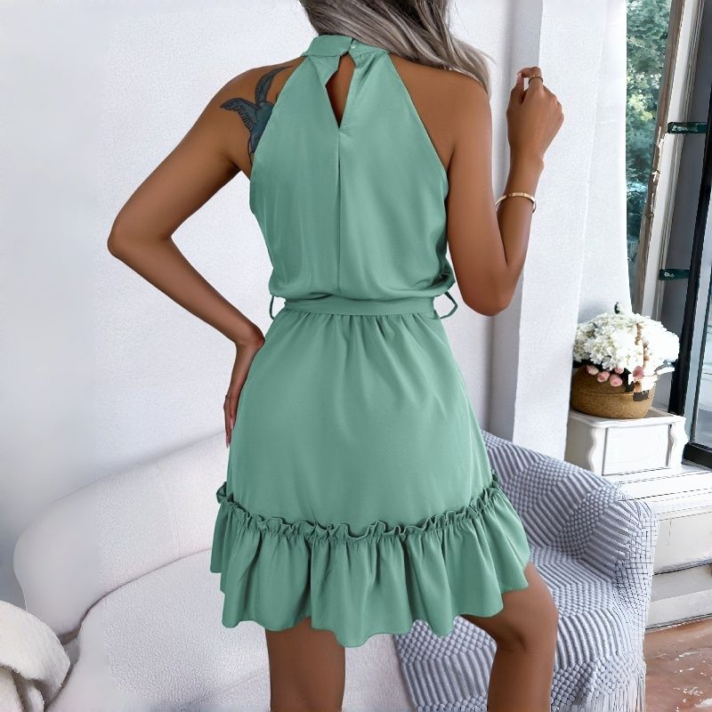2026 New Arrival Summer Women's Solid Color Halter Neck Sleeveless Dress Ruffled Hem A-Line Mini Dress with Waist Tie Multi-Color Options Daily Casual Party Fashion Dress