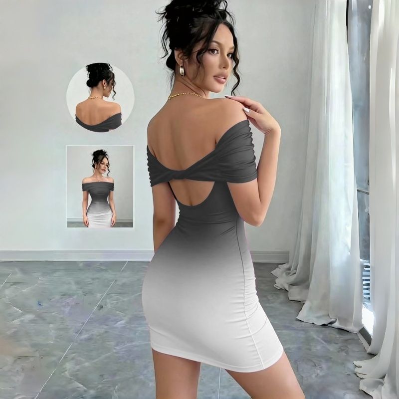2026 New Arrival Women's Off-Shoulder Ruched Bodycon Mini Dress Gradient Ombre Color Short Sleeve Multi-Color Options Party Club Night Daily Casual Fashion Dress