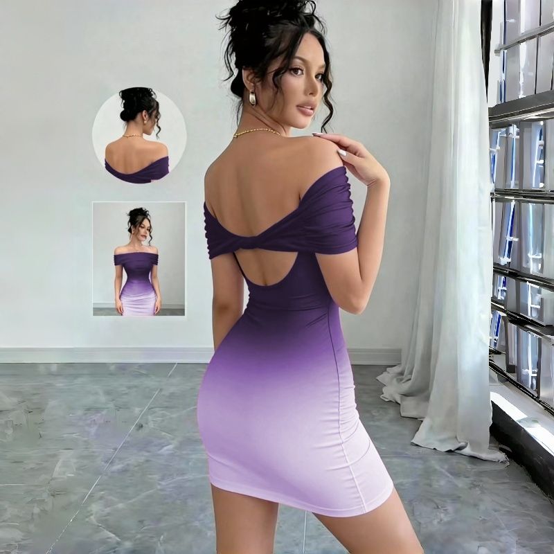 2026 New Arrival Women's Off-Shoulder Ruched Bodycon Mini Dress Gradient Ombre Color Short Sleeve Multi-Color Options Party Club Night Daily Casual Fashion Dress