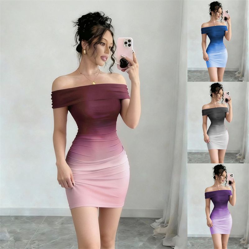 2026 New Arrival Women's Off-Shoulder Ruched Bodycon Mini Dress Gradient Ombre Color Short Sleeve Multi-Color Options Party Club Night Daily Casual Fashion Dress