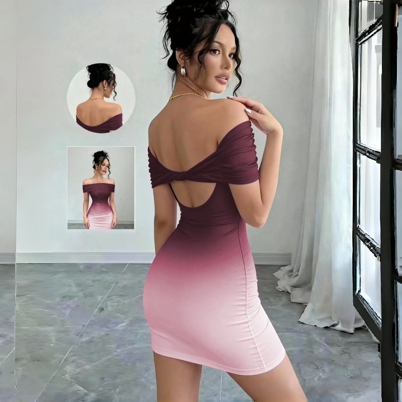 2026 New Arrival Women's Off-Shoulder Ruched Bodycon Mini Dress Gradient Ombre Color Short Sleeve Multi-Color Options Party Club Night Daily Casual Fashion Dress