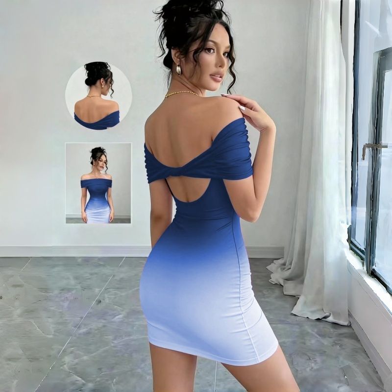 2026 New Arrival Women's Off-Shoulder Ruched Bodycon Mini Dress Gradient Ombre Color Short Sleeve Multi-Color Options Party Club Night Daily Casual Fashion Dress