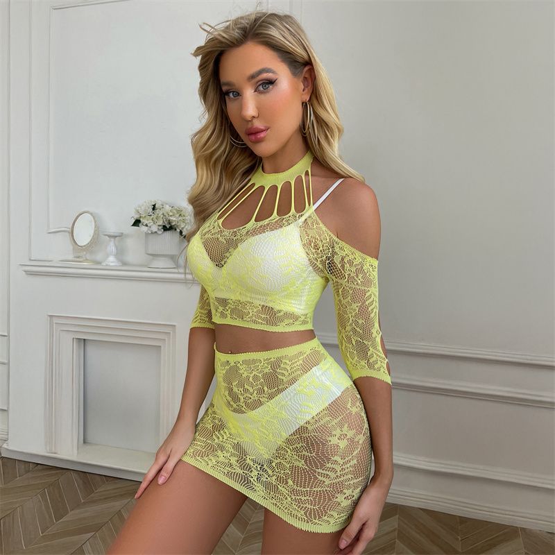 2026 New Arrival Women's Sexy Two-Piece Lingerie Set European American Style Sheer Lace Hollow Out Crop Top & Bodycon Mini Skirt Pure Temptation Nightwear For Ladies